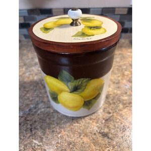 Edna Gillet Lemon Ceramic Canister Stoneware Crock with Wood Lid 6in Roseville